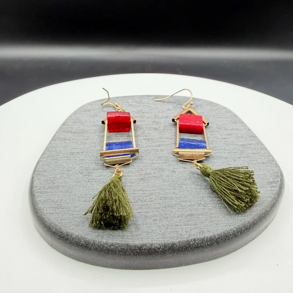 Gold Tone Red Blue Stone Olive Green Tassel Boho Geometric Dangle Earrings